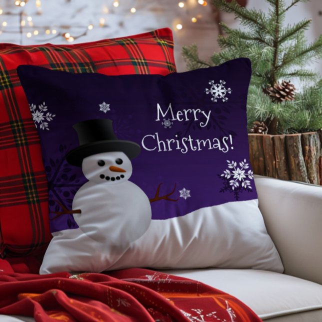 Lila Snömannen Vinterscen Jul Kuddcover Kudde (Purple Snowman Winter Scene Christmas Throw Pillow)