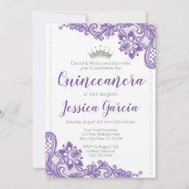 Lila Snöre & Silver Glitter Princess Quinceañera Inbjudningar