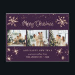 Lila Snowflake 3 Photo Collage Helg Vykort<br><div class="desc">Lila fotot God jul och Gott nytt år vykort med en fotokollage med stjärnor,  snöflingor och ett vackert handskrivet Julhälsningar i ett festivt skript. Anpassa enkelt det här vykortet för lila helgdag med foton,  namn och text för familjen. Bakgrunden kan anpassas till valfritt färg.</div>