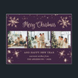 Lila Snowflake 3 Photo Collage Helg Vykort<br><div class="desc">Lila fotot God jul och Gott nytt år vykort med en fotokollage med stjärnor,  snöflingor och ett vackert handskrivet Julhälsningar i ett festivt skript. Anpassa enkelt det här vykortet för lila helgdag med foton,  namn och text för familjen. Bakgrunden kan anpassas till valfritt färg.</div>