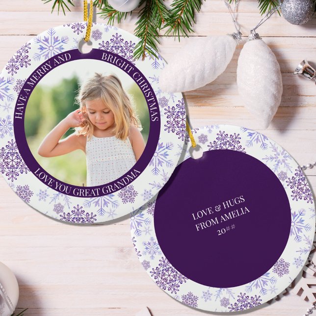 Lila Snowflake Merry Bright och julfoto Julgransprydnad Keramik (Skapare uppladdad)
