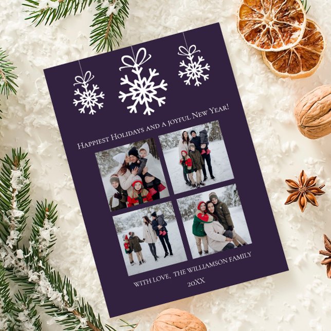 Lila Snowflake Ornaments Photo Collage Julkort (Purple Snowflake Ornaments Photo Collage Holiday Card)