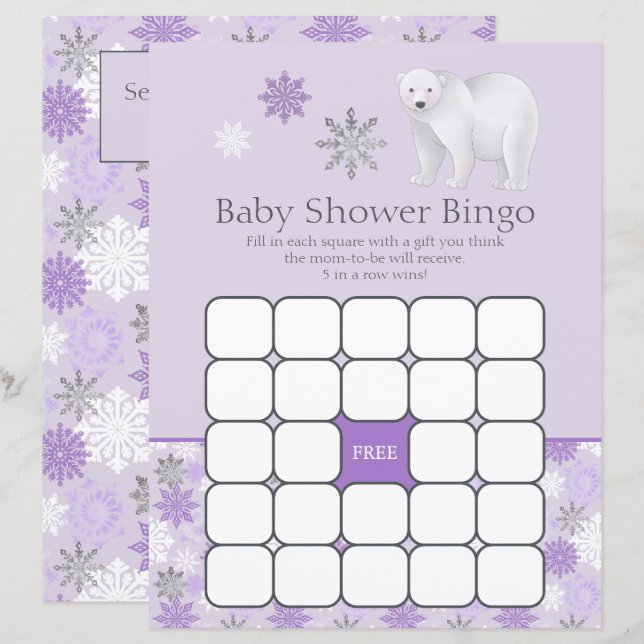 Lila Snowflake Polar Bear Baby Shower Bingo Game (Fram/baksida)
