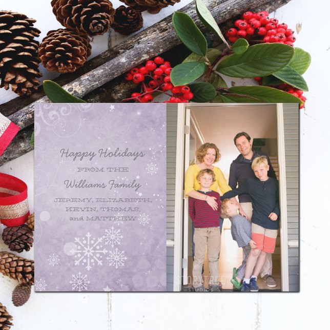 Lila Snowflake Swirls-Helgdag - fotopatkort Julkort (Purple Snowflake Swirls Holiday Photo Card)