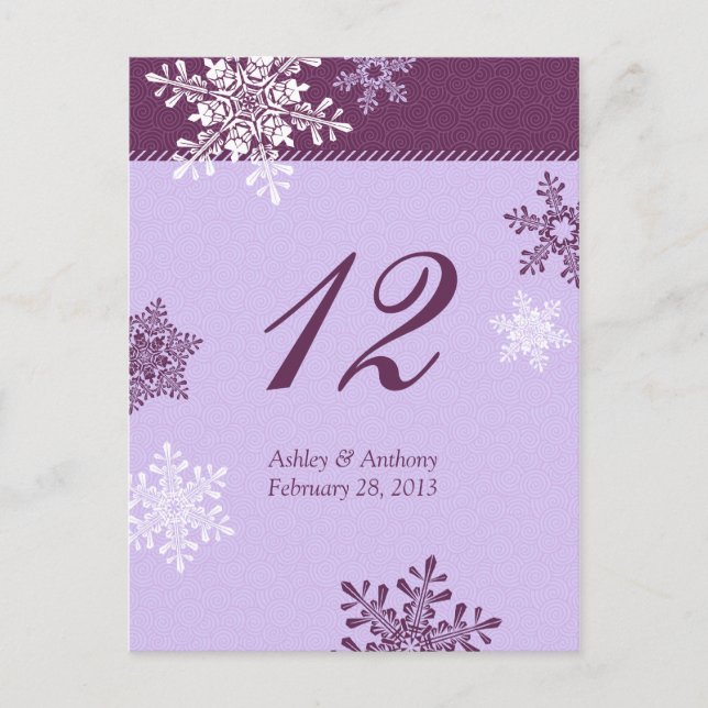 Lila Snowflake Winter Wedding Bord-kort Vykort (Framsida)