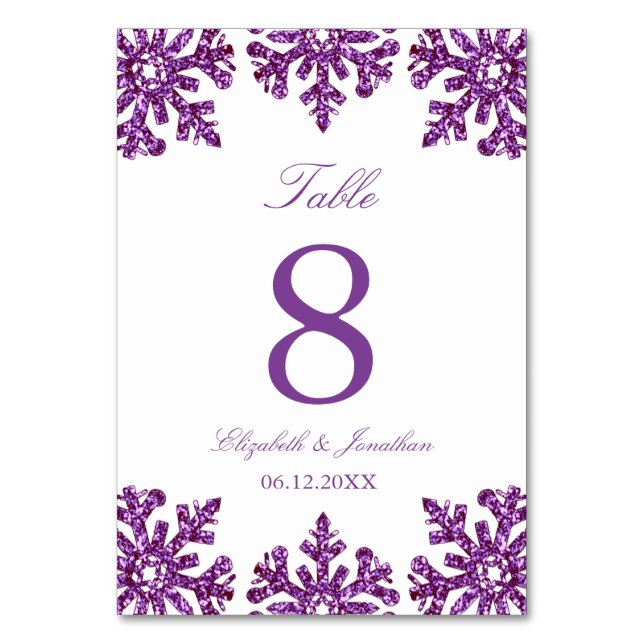 Lila Snowflake Winter Wedding Bordsnummer (Framsidan)