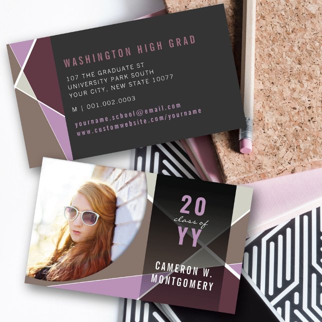 Lila Snyggt Geometric Linjer Mod Photo Student (Purple Stylish Geometric Criss Cross Photo Graduation Calling / Name Card @ zazzle.com/color_therapy)