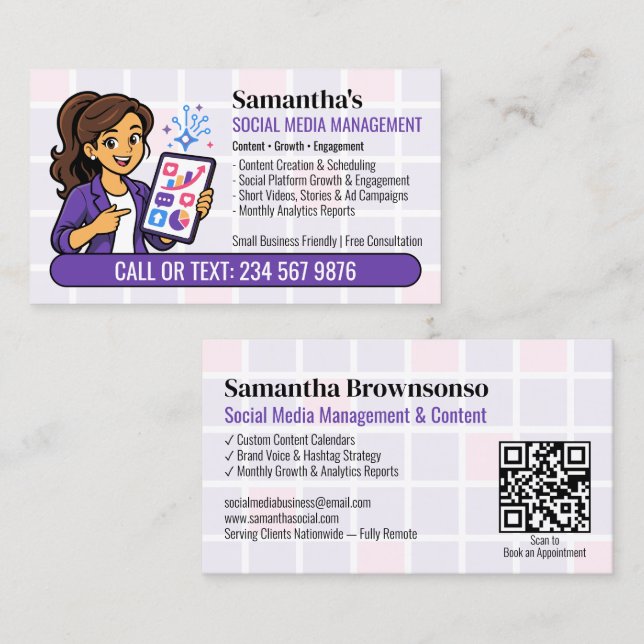 Lila Social Media Manager QR Tecknad Flicka Visitkort (Fram/baksida)