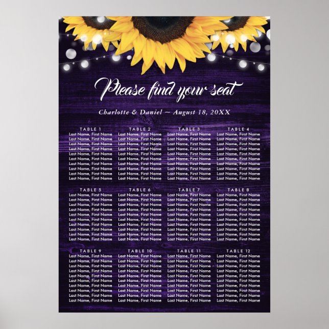 Lila solros bröllop placeringsschema 12 poster (Framsidan)