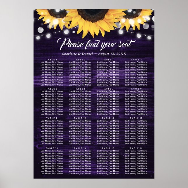 Lila solrosbröllopsplatskarta 16 poster (Framsidan)