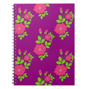 Lila sömlöst mönster med rosa blommor och grönt anteckningsbok