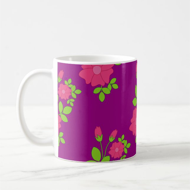 Lila sömlöst mönster med rosa blommor och grönt kaffemugg (Vänster)