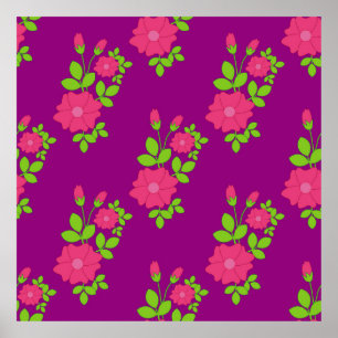 Lila sömlöst mönster med rosa blommor och grönt poster