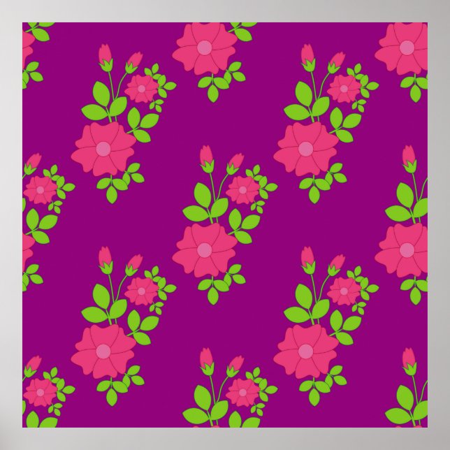 Lila sömlöst mönster med rosa blommor och grönt poster (Framsidan)