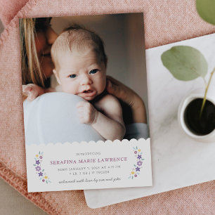 Lila Söt Blommig Bebis Flicka Födelse Tillkännagiv Tack Kort