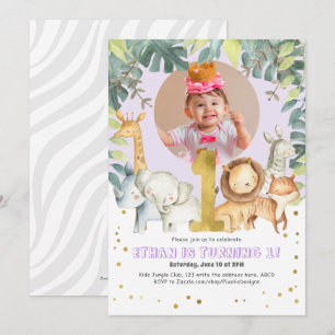 Lila Söta djur Flicka första födelsedagfoto Inbjudningar
