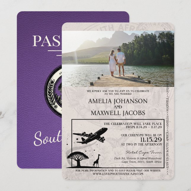 Lila South Afrika Passport Bröllop Inbjudningar (Fram/baksida)