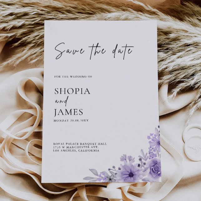 Lila Spara datummallen Inbjudningar (Purple Save the Date Template)