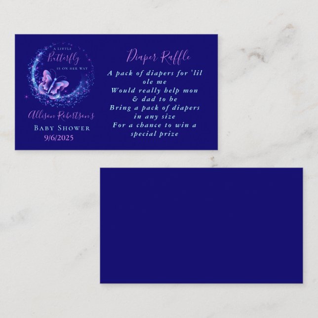 Lila Sparkle Fjäril Baby Shower Blöja Lotteri Tilläggskort (Fram/baksida)