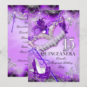 Lila Sparkle Masquerade Quinceanera Födelsedag Inbjudningar