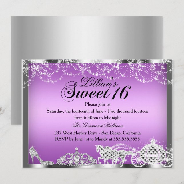 Lila Sparkle Prinsessa Tema Söt 16 Inbjudan (Fram/baksida)
