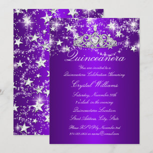 Lila Sparkle Tiara & Stjärnor Quinceanera Inbjudningar