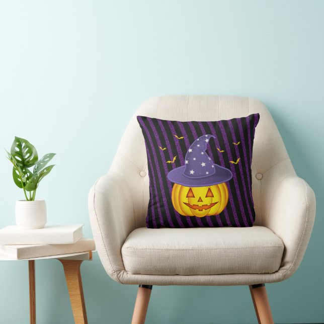 Lila Sparkles & Black Rand Halloween Pumpkin Kudde (Stol)
