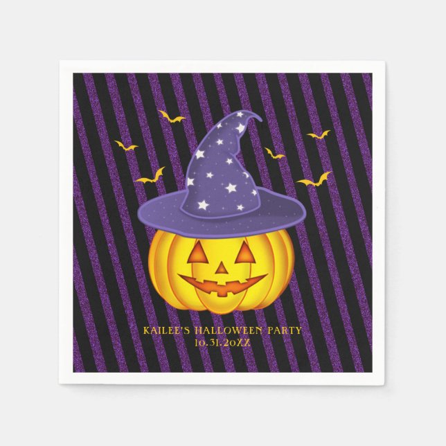 Lila Sparkles & Black Rand Halloween Pumpkin Pappersservett (Framsidan)