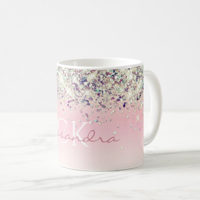 Lila Sparkly Glitter Monogrammed Girly Rosa Coff Kaffemugg (Framsida höger)