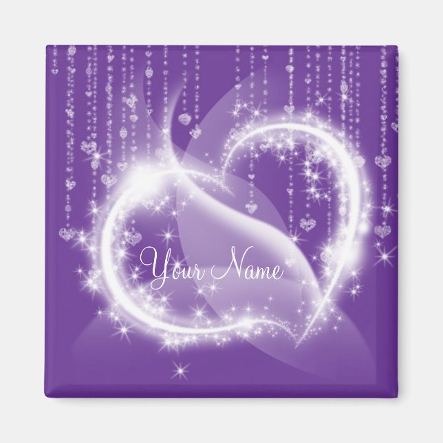 Lila Sparkly White Heart Refrigerator Magnet (Framsidan)