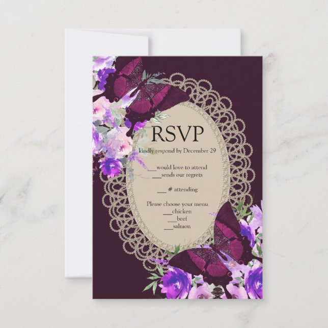 Lila spets Glam Glamouröst RSVP-bifogad kort (Framsida)