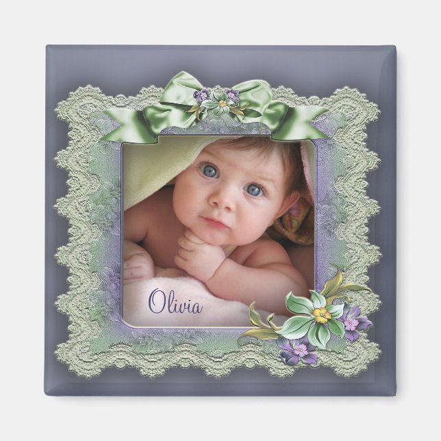 Lila spetsfotoframe babyflicka födelsemagneter magnet (Framsidan)