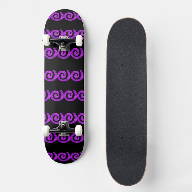 Lila spiral mönster på svart mini skateboard bräda 18,5 cm (Framsida)