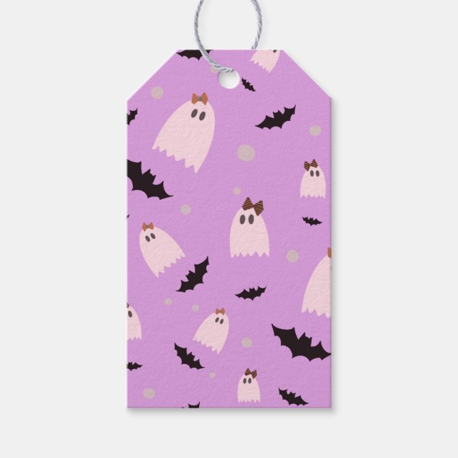 Lila spöken Halloween bus eller godis Gift Märkre Presentetikett (Framsidan)