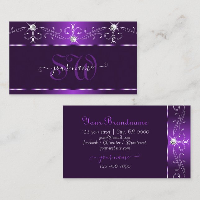 Lila Squiggles Gnistra Diamonds Initialer Visitkort (Fram/baksida)
