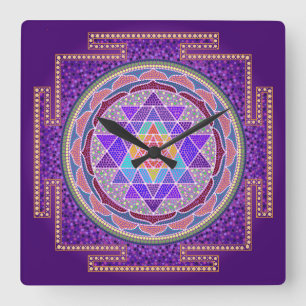 Lila Sri Yantra Wall Clock Fyrkantig Klocka