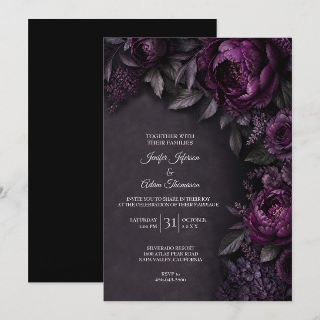 Lila stämningsfulla blommor bröllopsinbjudan inbjudningar (Fram/baksida)