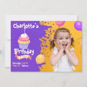 Lila Stänk Cupkaka Balloons Birthday-inbjudan Inbjudningar