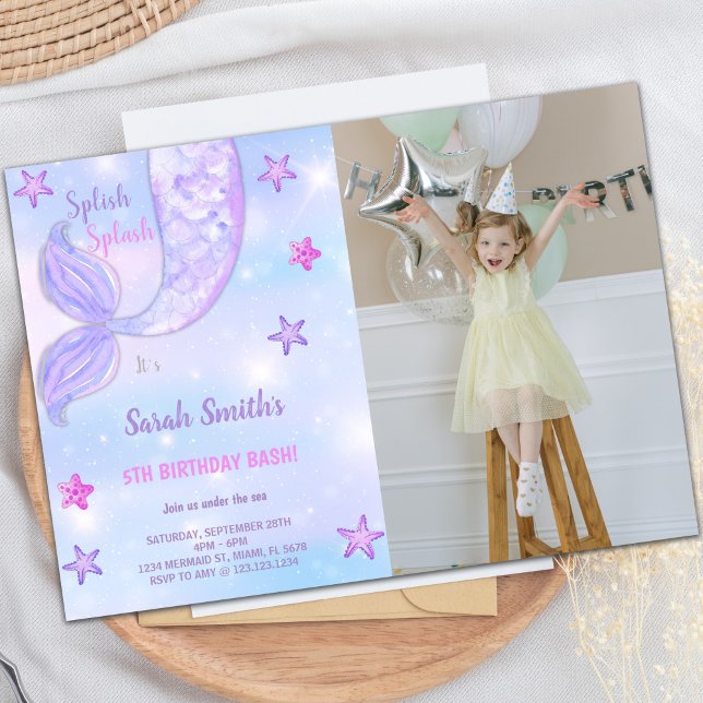 Lila Star Sjöjungfru Birthday-inbjudningar Inbjudningar (Purple Star Mermaid Birthday Invitations w photo)