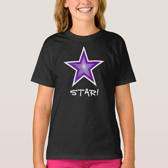 Lila Star White "STAR!" Flickans t-shirt svart (Framsida)
