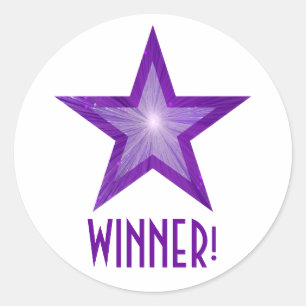 Lila Star "WINNER!" rund dekortikett vit Runt Klistermärke
