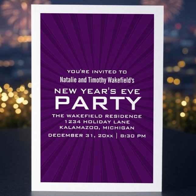 Lila Starburst Rand - nyår för Inbjudan i Party (Purple Starburst Stripes New Years Party Invite)