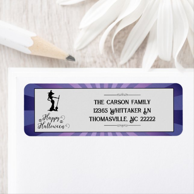 Lila Starburst Witch Halloween Returadress Etikett (Insitu)