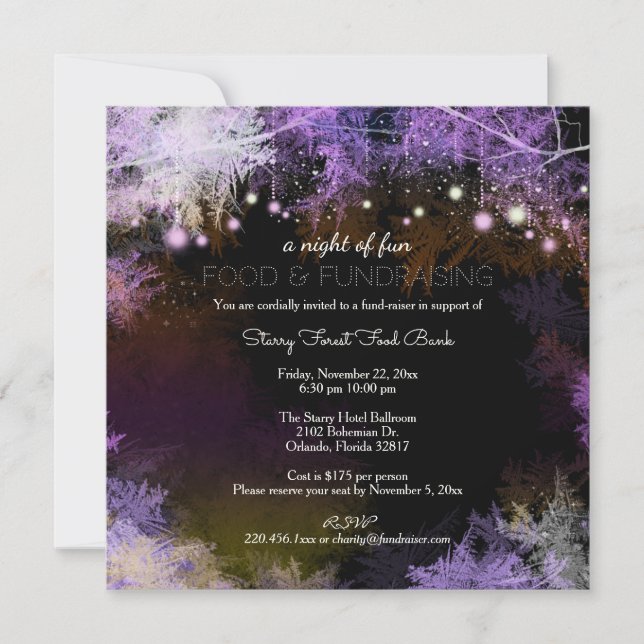 Lila Starry Forest Charity Fundising Inbjudningar (Framsida)