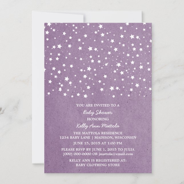 Lila Starry Night Baby Shower Inbjudan (Framsida)
