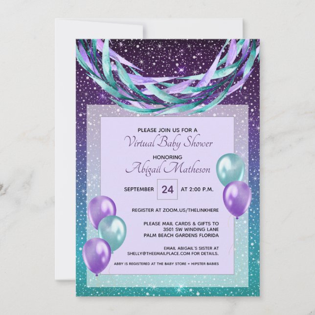 Lila Starry Night Virtuell Baby Shower by Mail Inbjudningar (Framsida)