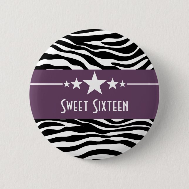 Lila Stars Zebra tryck Sweet 16 Button Knapp (Framsida)