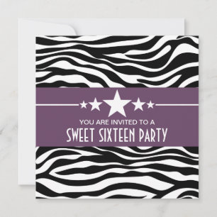 Lila Stars Zebra tryck Sweet 16 Inbjudan