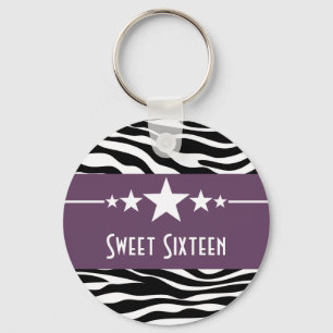 Lila Stars Zebra tryck Sweet 16 Keychain Nyckelring