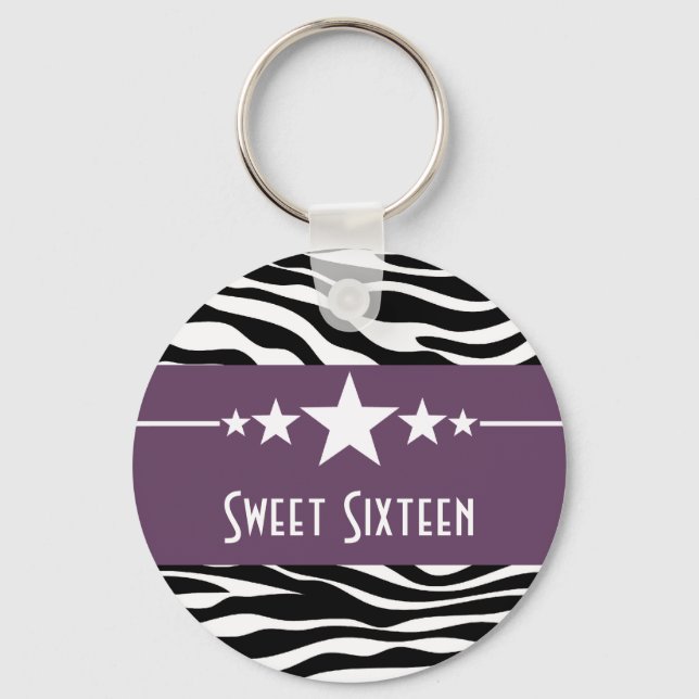 Lila Stars Zebra tryck Sweet 16 Keychain Nyckelring (Framsida)
